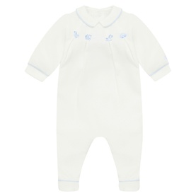 Emile Et Rose pale blue and white baby all-in-one with Peter Pan collar, blue floral embroidery, and long sleeves