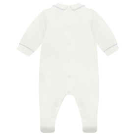 Emile Et Rose pale blue and white baby all-in-one, rear view, peter pan collar, popper fastening, footed legs