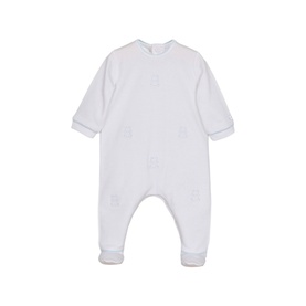 Emile Et Rose pale blue baby all-in-one with footed sleepsuit design and subtle embroidered detailing, rear view