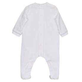 Emile Et Rose pale blue baby all-in-one back view, footed sleepsuit with central seam and contrast stitching detail.