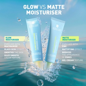Erborian Glow Moisturiser and Matte Moisturiser tubes displayed side by side with water splash, highlighting key benefits and textures