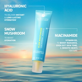 Erborian Glow Moisturiser tube displayed against a sunset sky backdrop, highlighting key ingredients Hyaluronic Acid, Snow Mushroom and Niacinamide