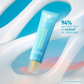 Erborian Glow Moisturiser day cream in light blue tube on swirling white and pastel background with 94% radiance claim.