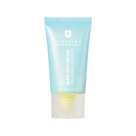 Erborian Glow Moisturiser day cream in a light blue tube with frosted cap, travel-sized format.