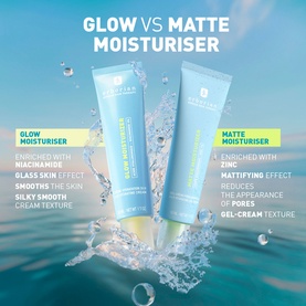 Erborian Glow vs Matte Moisturiser campaign showing both tubes side by side with water splash, highlighting key skin benefits