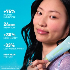 Model with Erborian Matte Moisturiser gel-cream tube, with on-pack claims highlighting hydration and pore-minimising benefits.
