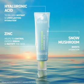 Erborian Matte Moisturiser tube displayed upright against a calming water backdrop, highlighting Hyaluronic Acid, Zinc and Snow Mushroom key