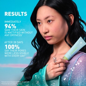 Model with Erborian Matte Moisturiser tube, results infographic showing 96% skin mattified and 100% reduced pore visibility after 28 days
