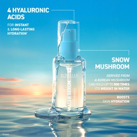 Erborian Water Serum in a pump bottle with key claims: 4 hyaluronic acids and snow mushroom for instant, long-lasting hydration.
