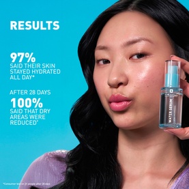 Model with Erborian Water Serum held near face; results infographic shows 97% hydration and 100% dry area reduction claims.