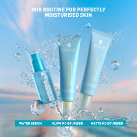 Erborian Water Serum, Glow Moisturiser and Matte Moisturiser in blue packaging displayed with water splash against a sky backdrop.