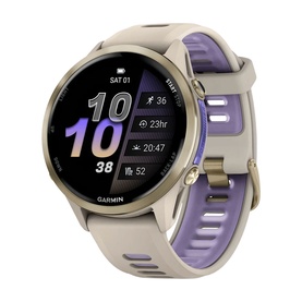 Garmin Forerunner 970 Smartwatch in French Grey/Indigo, round face with gold-tone bezel, beige and purple two-tone strap