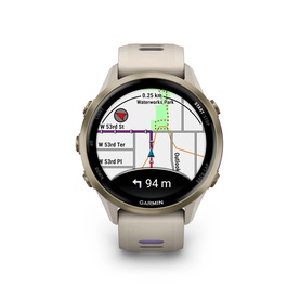 Garmin Forerunner 970 Smartwatch in beige, displaying GPS navigation map on screen, with matching light sand silicone strap