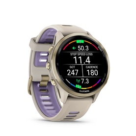 Garmin Forerunner 970 Smartwatch in French Grey and Indigo, beige case with purple band, displaying running metrics on screen