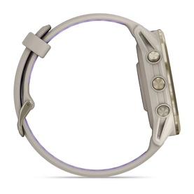 Garmin Forerunner 970 Smartwatch in French Grey/Indigo, side profile view showing gold-tone case and pale purple strap.