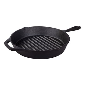 Tramontina black cast iron grill pan with ridged base, long handle, and side helper handle