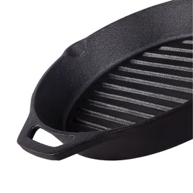 Tramontina black cast iron grill pan with ridged cooking surface and dual handles, shown from above at an angle.