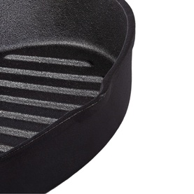 Tramontina black cast iron grill pan with raised ridged cooking surface, shown in close-up detail