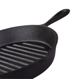 Tramontina black cast iron grill pan with ridged cooking surface and long handle, shown at an angle