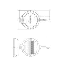 Tramontina black cast iron grill pan shown in technical line drawing, top and side views with dimension guides.