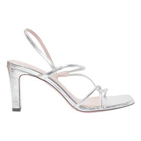 Sandro strappy heeled sandals in black metallic leather with square toe, slingback strap, and block heel