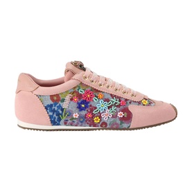 Kurt Geiger London trainer in blue with multicolour floral embroidery, pink leather panels, lace-up front, and gum sole
