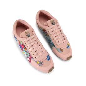 Kurt Geiger London blue floral embroidered pink lace-up trainers with rubber toe cap, overhead flat lay view