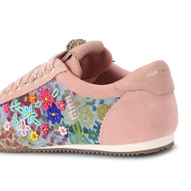 Kurt Geiger London blue floral embroidered sneaker with pink suede panels, lace-up fastening, and cream sole, back three-quarter view.