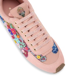 Kurt Geiger London sneaker in blue, featuring multicolour floral embroidery, crystal-effect lace detail, and gold-tone eyelets on pink base.