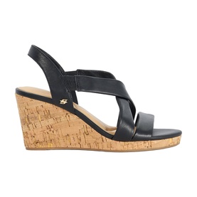 Dune black leather crossover strap slingback wedge sandal with cork wedge sole and gold logo detail