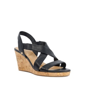 Dune black leather crossover strap wedge sandal with cork platform heel and elastic slingback