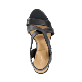 Dune black leather strappy heeled sandal with crossover front straps, ankle strap, and tan insole, overhead view.