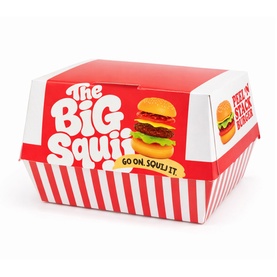 Keycraft The Big Squij red burger box toy with illustrated cheeseburger and red stripe design, front view