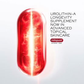 Lanc&ocirc;me Absolue Longevity Anticipate Cream campaign visual featuring Mitopure urolithin-A ingredient capsule graphic with red glowing detail