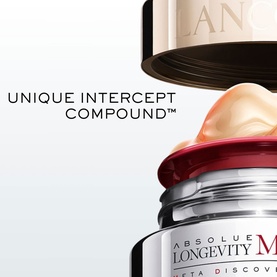 Lanc&ocirc;me Absolue Longevity Intercept Cream Refill jar open with cream texture visible, highlighting Unique Intercept Compound formula
