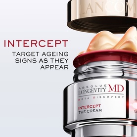 Lanc&ocirc;me Absolue Longevity Intercept Cream in open jar with refill pod above, showing cream texture and branded packaging.