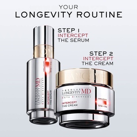 Lanc&ocirc;me Absolue Longevity MD two-step routine showing Intercept The Serum and Intercept The Cream jar on white background
