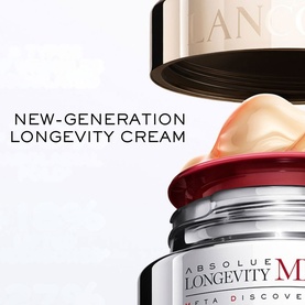 Lanc&ocirc;me Absolue Longevity Intercept Cream jar with rich cream texture visible, styled with stacked luxury cream packaging layers.