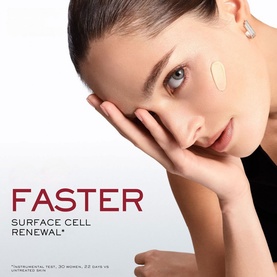 Model with Lanc&ocirc;me Absolue Longevity Intercept Cream applied to cheek, shown in campaign image highlighting faster surface cell renewal
