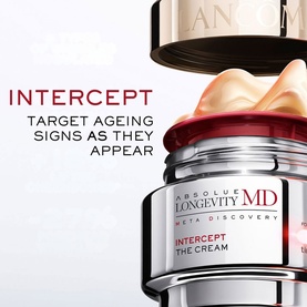 Lanc&ocirc;me Absolue Longevity MD Intercept The Cream jar with open lid, revealing rich cream texture, alongside product name text overlay.