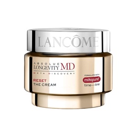 Lanc&ocirc;me Absolue Longevity Reset Cream in a gold and silver jar with embossed lid and Mitopure branding detail