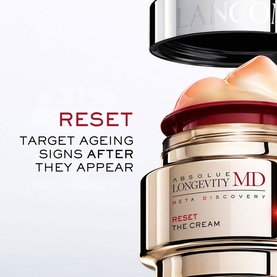 Lanc&ocirc;me Absolue Longevity Reset Cream in gold jar with black lid, shown with campaign text targeting ageing signs