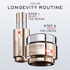 Lanc&ocirc;me Absolue Longevity MD Reset Cream and Reset Serum duo, shown as a two-step longevity routine with gold packaging