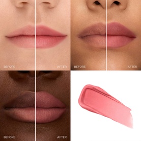 Lanc&ocirc;me lipstick in 21 Blushing Blanket shown in before and after lip swatches across three skin tones, with pink product smear.