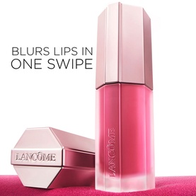 Lanc&ocirc;me lip product in shade 21 Blushing Blanket, pink liquid lipstick with rose-gold hexagonal cap, shown upright beside open base.