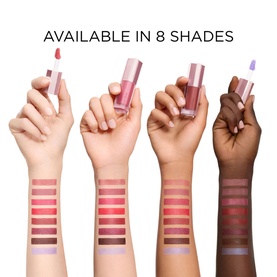 Lanc&ocirc;me lipstick in 21 Blushing Blanket; four hands showing 8 shade swatches in pink-nude to berry tones with product bottles held aloft.