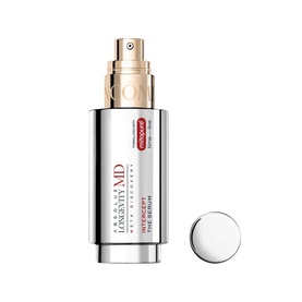 Lanc&ocirc;me Absolue Longevity Intercept Serum in a gold pump bottle with silver cap, shown beside detached pump lid.