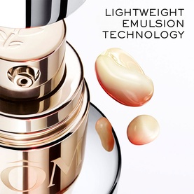 Lanc&ocirc;me Absolue Longevity Intercept Serum pump bottle in rose gold, with lightweight emulsion texture swatches shown alongside
