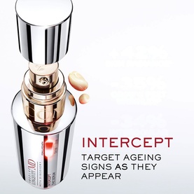 Lanc&ocirc;me Absolue Longevity Intercept Serum in silver and rose gold packaging with dropper, shown with two serum drops and red light detail.