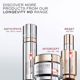 Lanc&ocirc;me Absolue Longevity MD range: Anticipate, Intercept serum and Reset products displayed together on promotional background.
